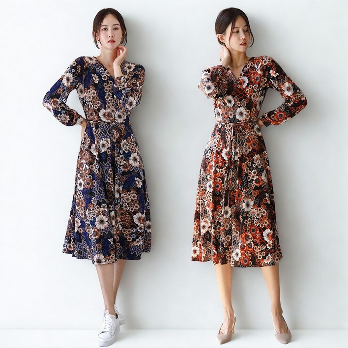 프롬코 11 여성 봄가을 플라워 랩 플레어 롱 원피스 세트 FRC75S