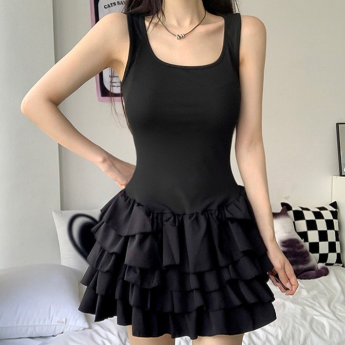 청순힙2col 미드나잇 쫀쫀 슬림핏 캉캉 프릴 나시 원피스