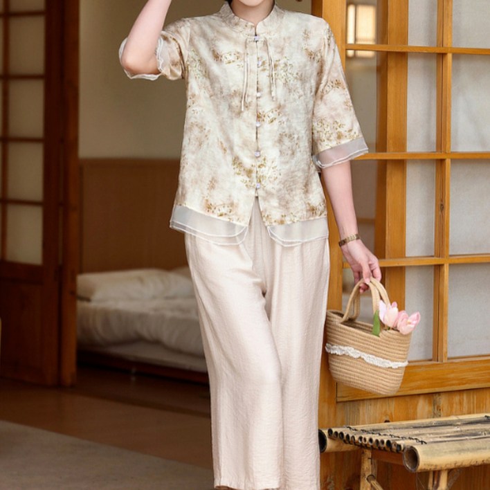 엄마 여름옷 세트 중장년 여성 투피스 반팔 티셔츠 바지 세트 상의 루즈핏 캐쥬얼 바지세트