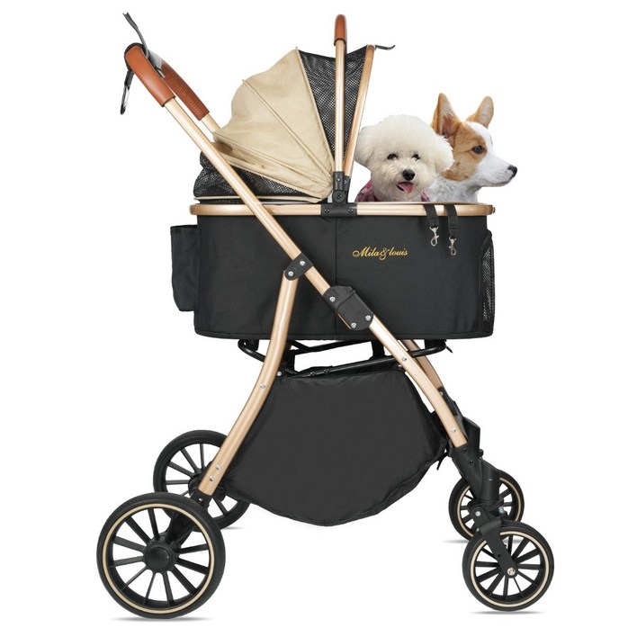 MILALOUIS 초경량 애견유모차 원터치 퀵폴딩 강아지 유모차 분리형 프리미엄 소형견 접이식 개모차, 골드, 1개