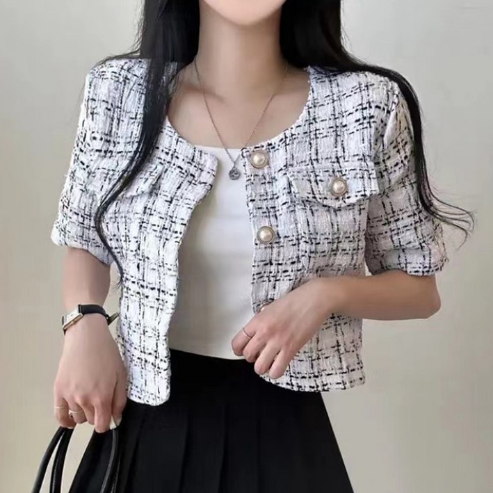 비비에모 여성용 진주버튼 투포켓 트위드 반팔 숏 자켓 07003