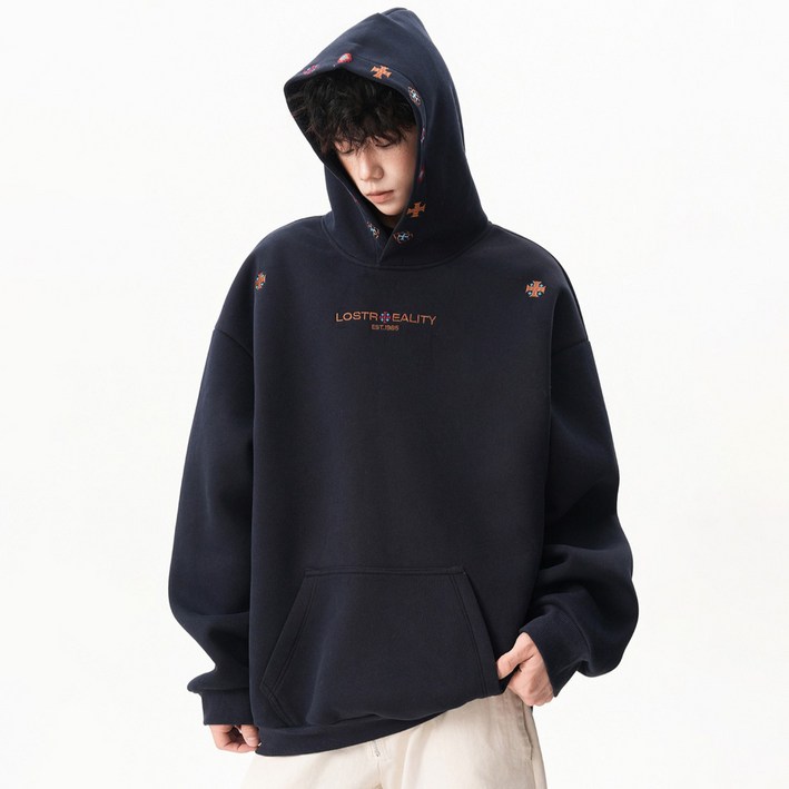 더플로우커머스 에스닉 자수 포인트 루즈핏 후드 스웨트셔츠