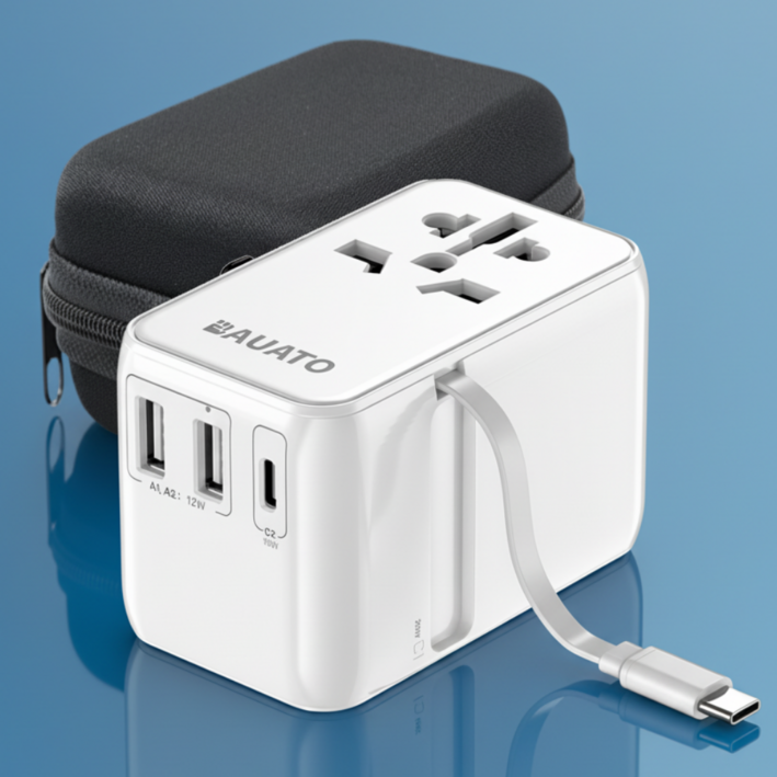 바우아토 릴타입 케이블 일체형 3+1포트 고속 충전 멀티어댑터 플러그, 1개, 화이트