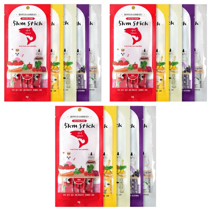 조공 전연령 고양이 강아지 오키로스틱 짜먹는 간식 5팩, 혼합맛레드옐로우닭옐로우대구퍼플화이트, 3세트