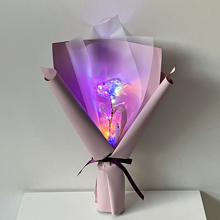 미다운플라워 조화 홀로그램 장미 미니꽃다발 LED 한송이, 인디퍼플 20230714