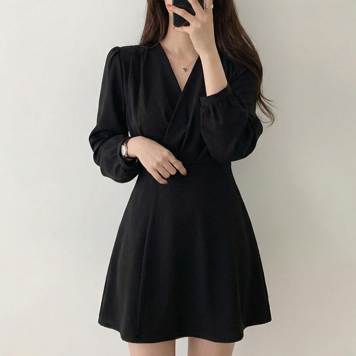 페이릿 여성용 브이넥 앞셔링 허리밴딩 미니 하객룩 원피스