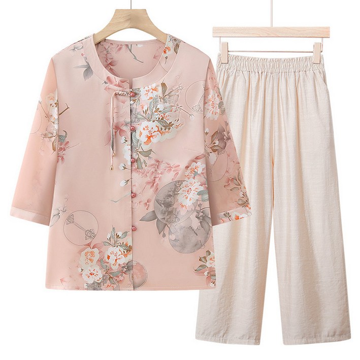 50대 60대 마마복 셔츠바지 세트 7부소매 시원한 빅사이즈 할머니옷 중년여성옷 비보뉴