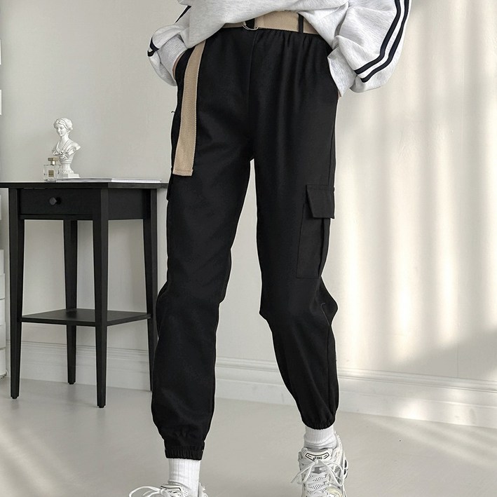 로로비 여성 코튼 카고 바지 허리 밴딩 조거 팬츠