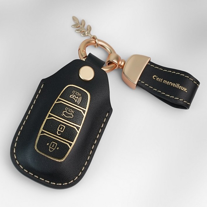 MODACE 현대 호환 소가죽 자동차 키케이스 4버튼5버튼,  가죽 스트랩, 4버튼 블랙