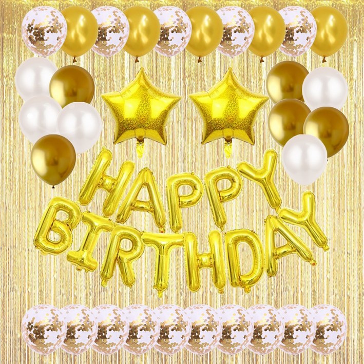 홀로그램 스타 생일축하 은박풍선 파티커튼 세트 [에브리띵스마일] 1214, 1세트, 골드 풍선 골드 커튼