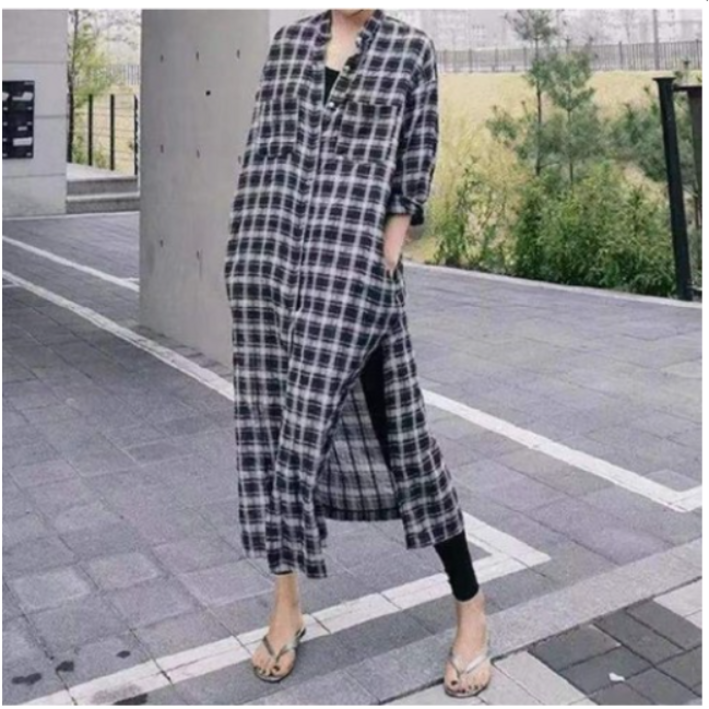 에쉬울프 여자 롱체크셔츠 롱루즈핏블라우스 롱남방