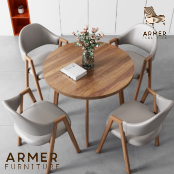 아르메르 견고한 원형 테이블 의자 세트 식탁 4인용 원목 4인 티테이블 우드 카페 까페 거실, 월넛 테이블 + 라이트그레이 가죽의자 4개, 4인용