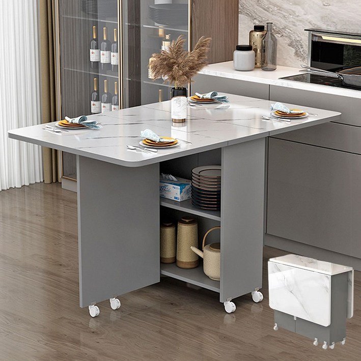 이동식 접이식 식탁 가정용 소형주택형 신축, 4인용, 화이트 마블링