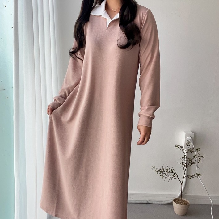 라몬즈빅사이즈 카라 배색 롱원피스 임부복