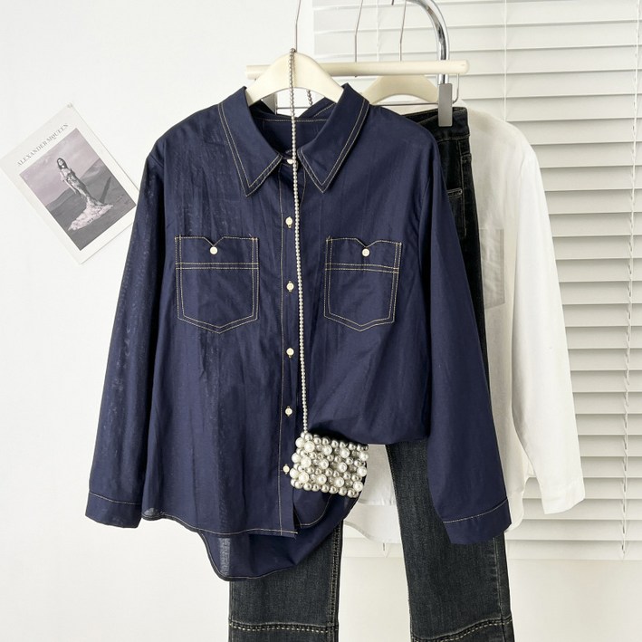 해피유통   여성용 캐주얼 긴팔 셔츠 더블 포켓 대비 스티치 봄 가을 코튼   CLY