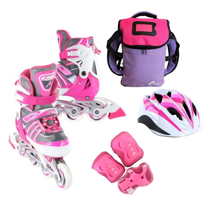 [인라인 SET] 사이즈 조절형 발광바퀴 인라인 스케이트+헬멧+보호대+가방, 에이스 핑크 SET 스피드롤러스케이트
