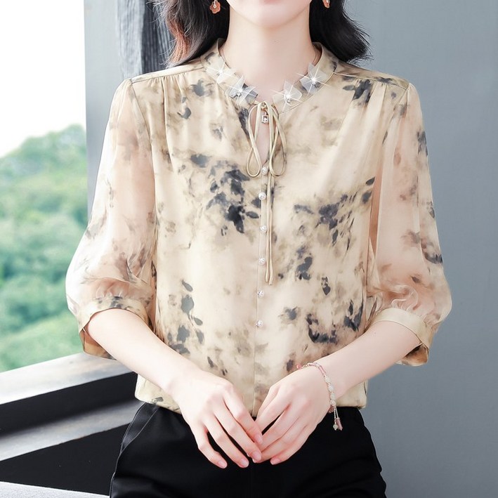 바니드 여성의류 우아한 여름반팔 미드슬리브 웨스턴 스타일 고급 블라우스 0931