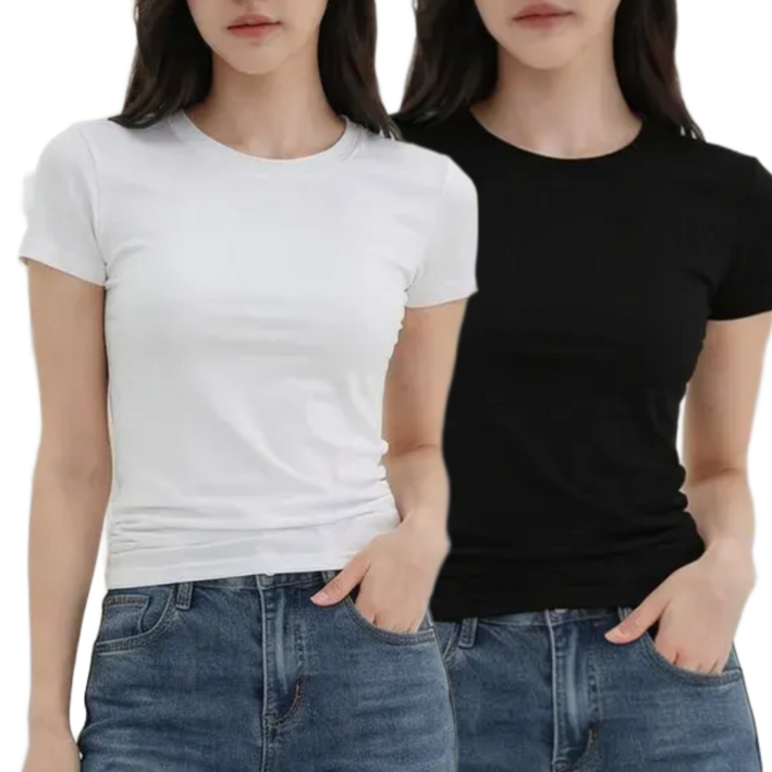 도도미아 1+1 여성 슬림핏 스판 라운드 반팔티