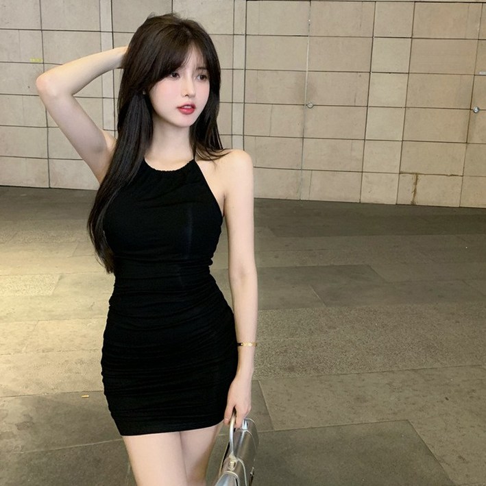 유니픽 여성 여름 블랙 랩 원피스 홀터넥 슬림핏 디자인wbr