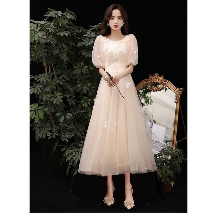 FANSYLI 신상 파티 이브닝 스커트 여성 패션 네크라인 버블 소매 드레스 스커트 고급스러운 프렌치 자수 스팽글 드레스 롱 공연 드레스 사회자 드레스 웨딩 하객 드레스 단체 드레
