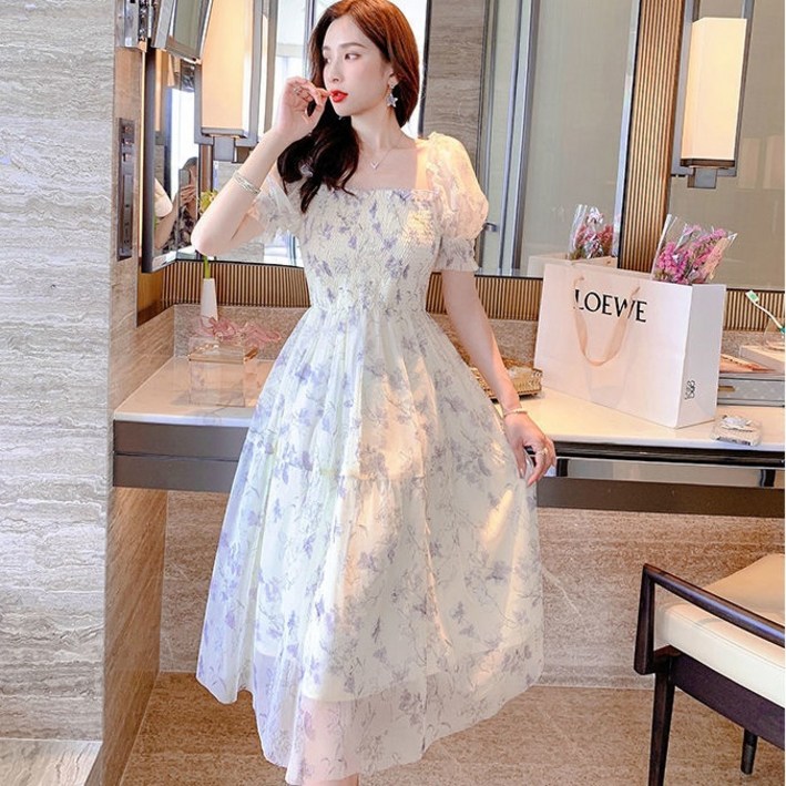 크레스티 여성 일상 슬림핏 퍼프소매 셔링 원피스 여름 바캉스 플라워 쉬폰 원피스