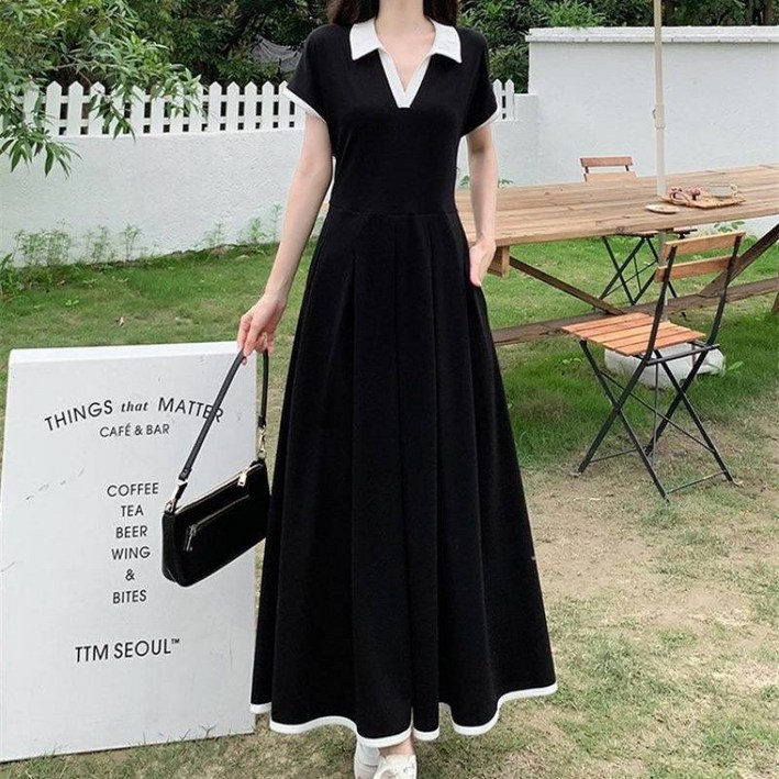 POMTOR 여성 빅사이즈 롱 원피스 반팔 캐주얼 데일이 원피스 컬러블록 루즈핏 심플한 휴양지룩