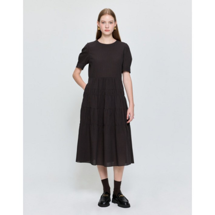 백화점 헤지스 여성 25FW HSDR5C702W2 라운드넥 체크 티어드 원피스 브라운 301412