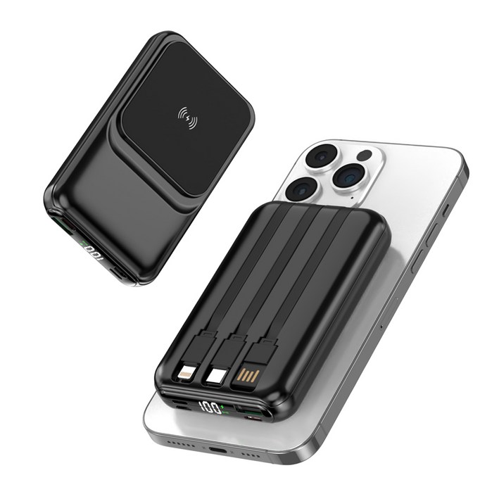 맥세이프 호환 보조배터리 20000mAh 대용량 무선 고속충전 케이블 일체형 잔량표시, 블랙, 1개, W010