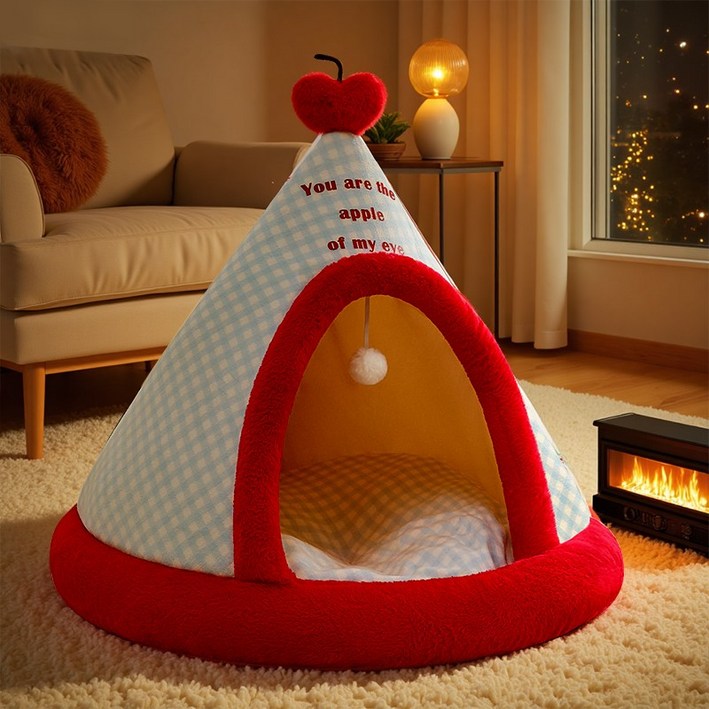 Surkat 애플 체크 극세사 포근하고 촉감좋은 고양이숨숨집 강아지집 애견하우스, 1개, 블루 & 레드