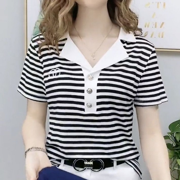 빌리즈빈 브이브반팔 여름 여성 카라넥 단추 반팔 티셔츠 2061