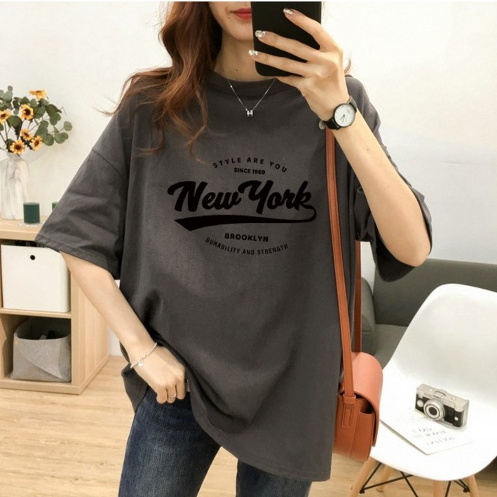 스타일아유 여성 면100 여름용 오버핏 반팔 티셔츠 순면 빅사이즈 원작 Newyork 레터링 루즈핏 반팔티 롱티 자체제작