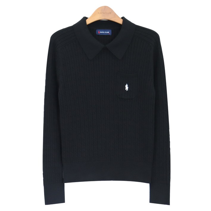 라파클럽 여성 잔꽈배기 카라 포켓 니트 스웨터 면 100