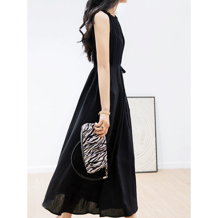 2025 신상프렌치 스타일 롱 원피스 주름 디자인 허리끈 슬림 핏 N-0032