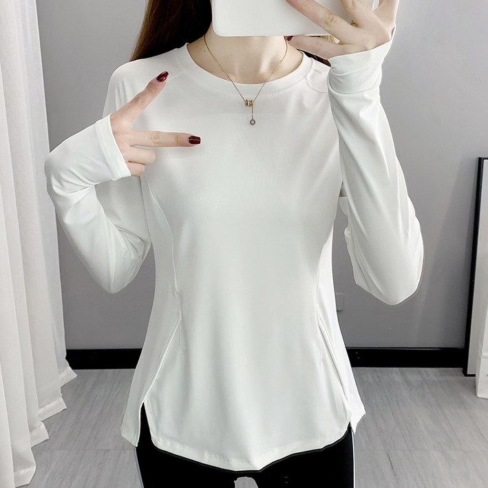 쌍천  빅 사이즈 라운드 속건 긴팔 티셔츠 여 춘추 스판 통기성 땀 흡수 러닝 피트니스 운동 속건 저지 W25092809