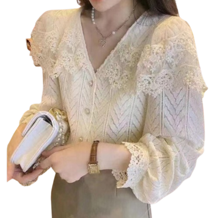 여성스러운 망토 레이스 카라 브이넥 여성 프릴 블라우스 여성스러운 망토 레이스 카라 브이넥 여성 프릴 블라우스