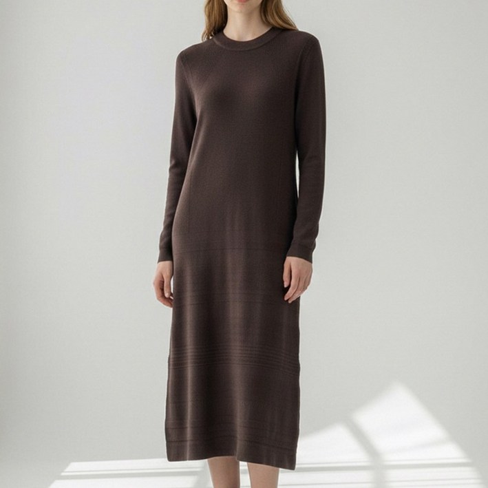 니트코어 여성 따뜻한 부드러운 고퀄리티 데일리 무드 플레어 A라인 프릴 라운드넥 긴팔 니트 롱원피스 임산부원피스 임부복 등하원룩
