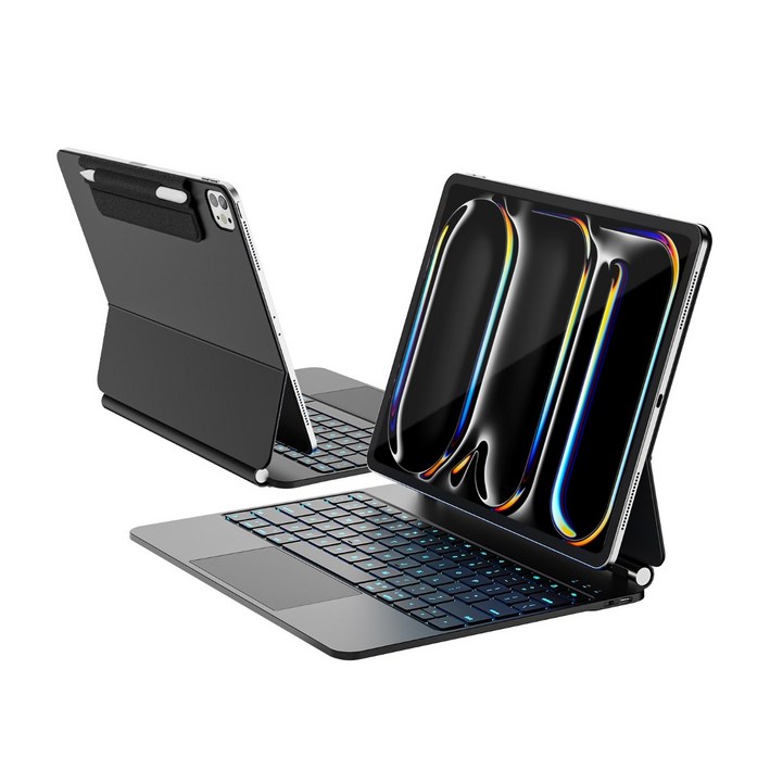 한국형 아이패드 프로 13인치 마그네틱 키보드 케이스, M5(8세대)/M4(7세대) 호환, 11색 백라이트, 트랙패드, 내구성 가죽, 블랙, 1개