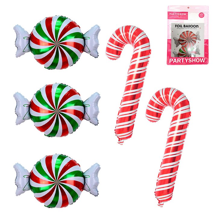 파티쇼 크리스마스 은박풍선 줄무늬사탕 3p  슈퍼쉐잎 선물지팡이 2p 세트, 레드그린줄무늬사탕, 1세트