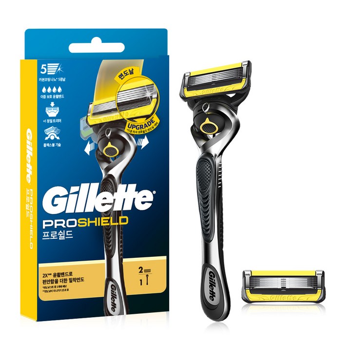 질레트 프로쉴드 옐로우 매뉴얼 면도기 핸들  면도날 2p 세트