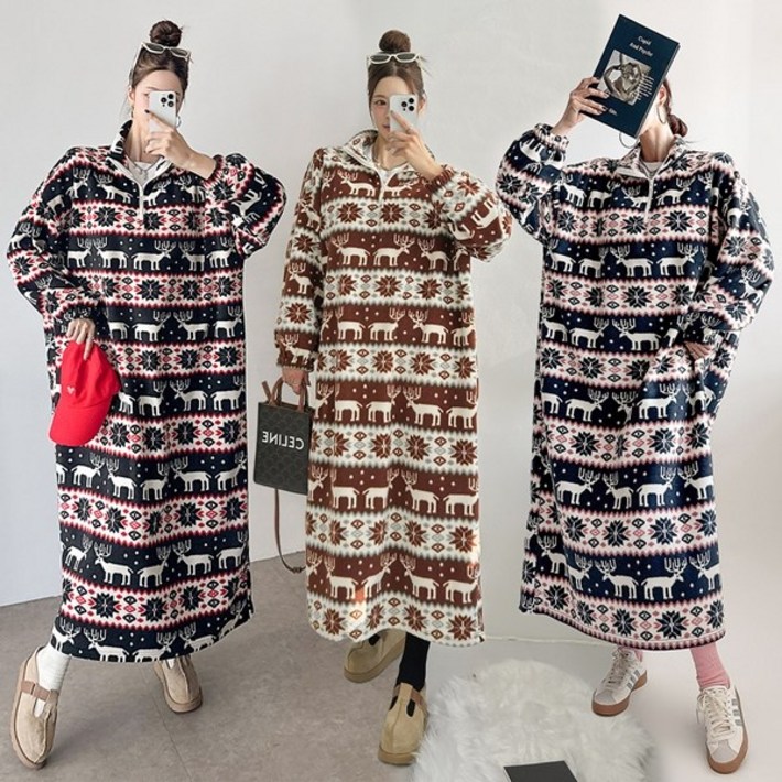 겨울신상 노르딕 양기모 후리스 아노락 롱원피스 반집업 하이넥 루즈핏 수면 홈웨어
