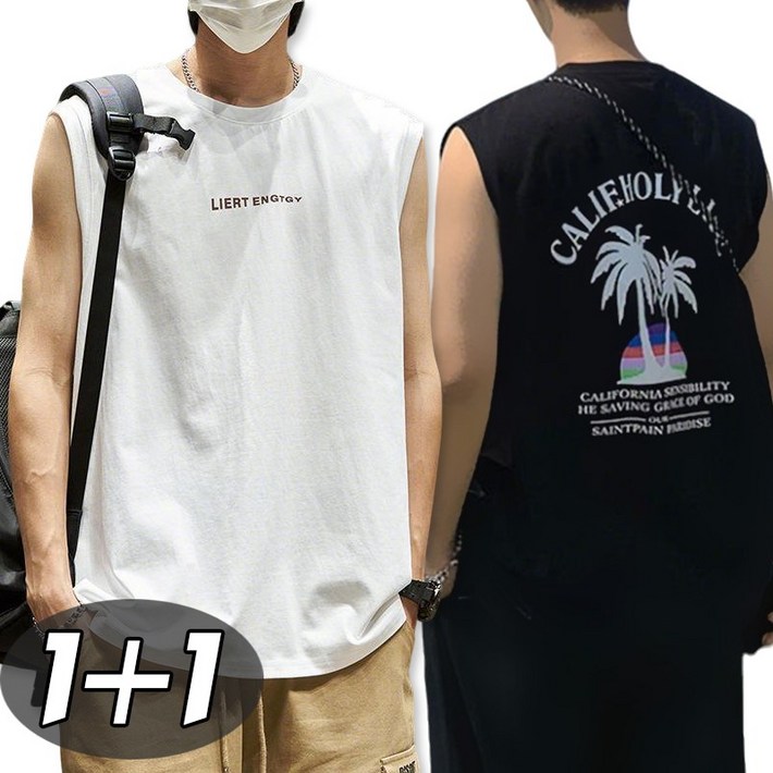 별하늘 11 남성 여름 스판 캐주얼 민소매 냉감 프린트 오버핏 라운드 티셔츠 2P