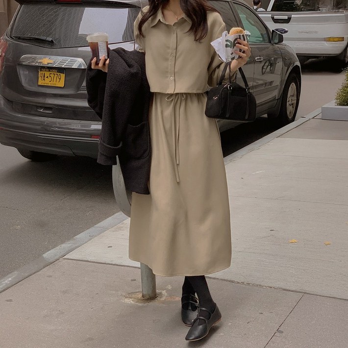 리리앤코 파비엔드 피치기모 카라 스트링 투인원 롱 원피스