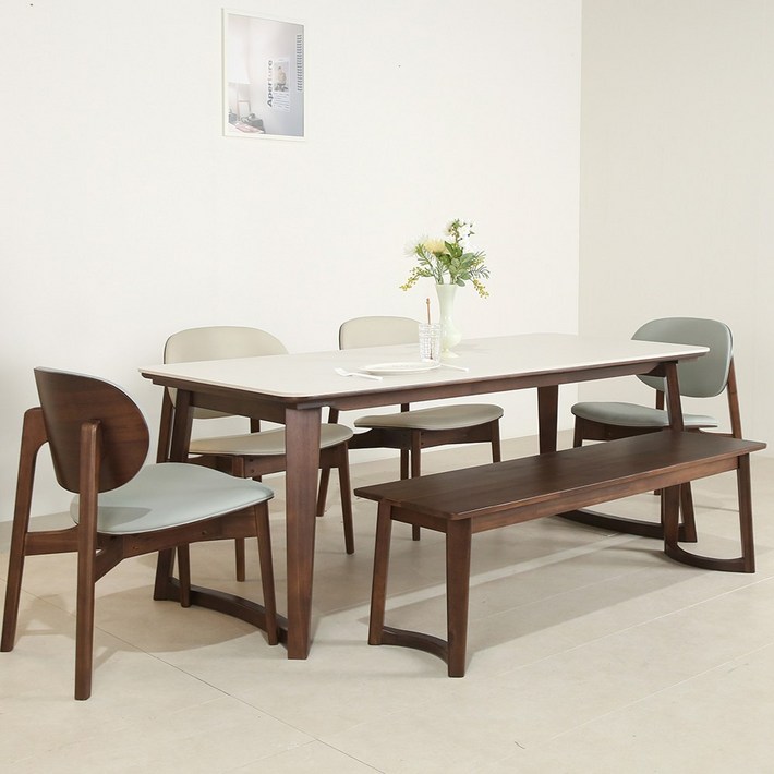 에런 아시아 월넛 원목 세라믹 포세린 4인용 6인용 식탁세트, 일반의자 6, 월넛