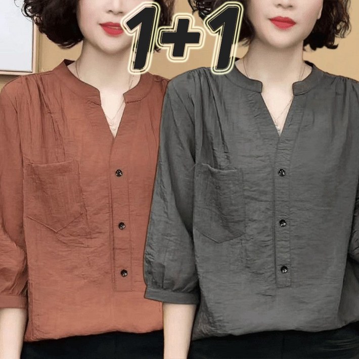 JUSTFEELING 11 중년 여성 실크 찰찰랑찰랑 7부소매 셔츠 브이넥 풀오버 엄마옷 중장년 4050대 캐주얼 셔츠 블라우스 상의