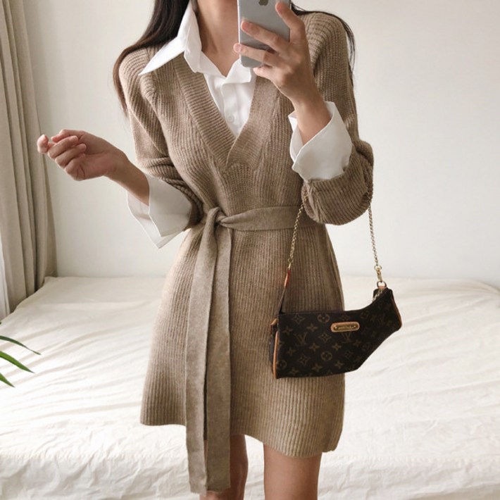 기사단 셔츠 레이어드 슬림 벨트 니트 미니 원피스