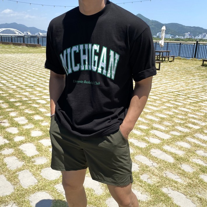 빠델 20수MICHIGAN 프린팅 오버핏 반팔 티셔츠