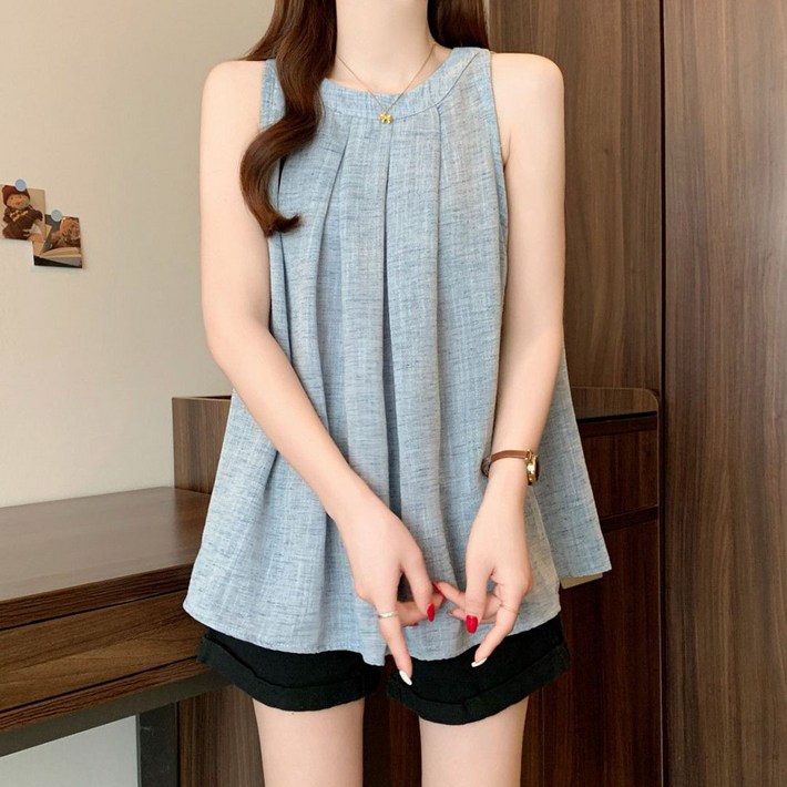 IWMAFT 여성 여름 민소매 블라우스 루즈핏 주름 디테일 TY365