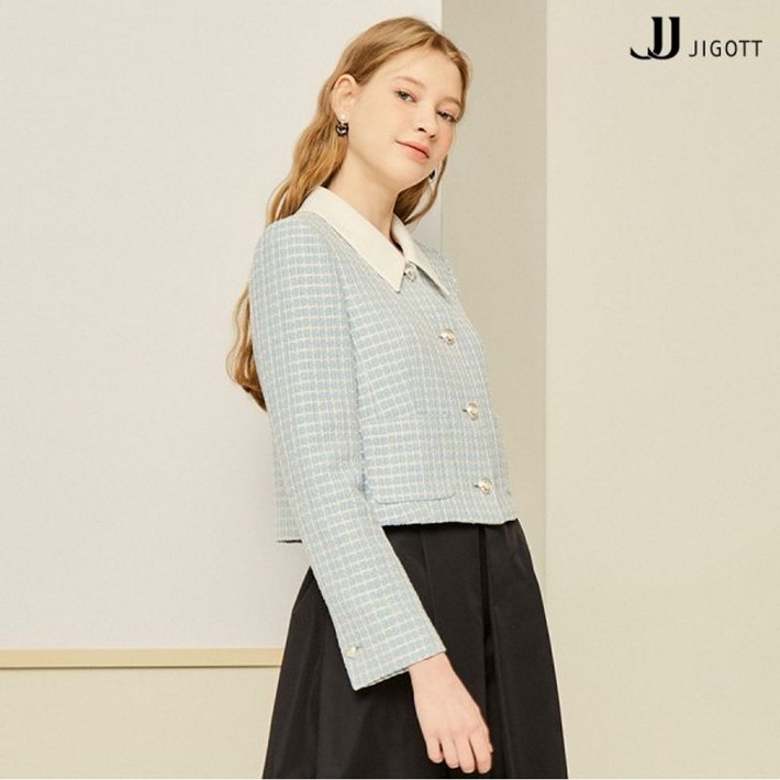 JJ지고트    배색 칼라 크롭 트위드 재킷 GN2A0JK23