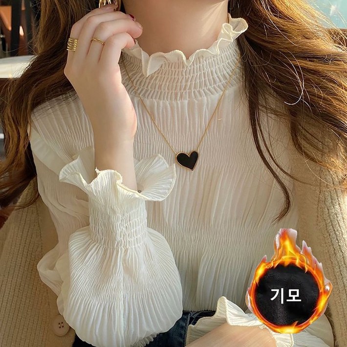 ROYALBELLE 여성 프릴넥 셔링 기모 레이어드 데일리 슬림핏 블라우스 B05120101