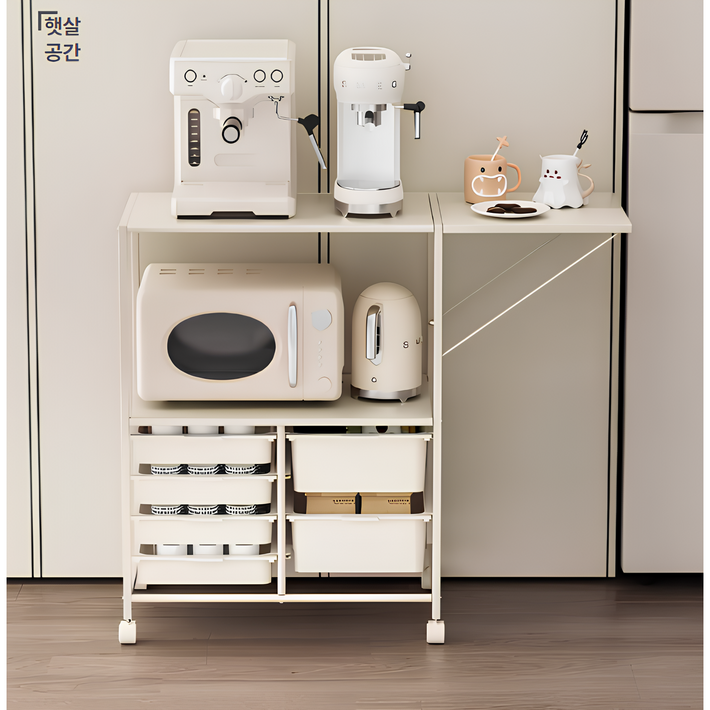 햇살공간 이동식 렌지대 주방 선반 수납장, 3단, 화이트
